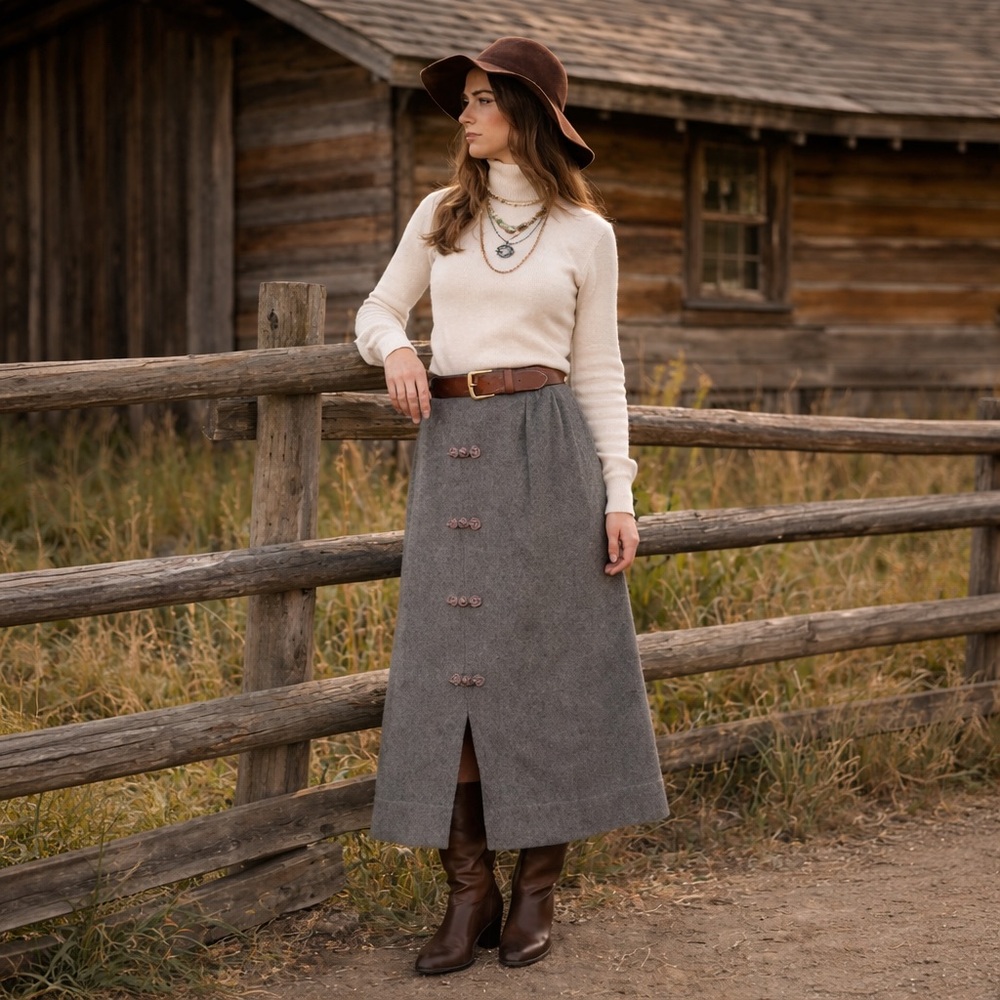 ❄️Authentic Vintage 1970s Gray Wool Skirt | Boho Folk Skirt w Frog Closures